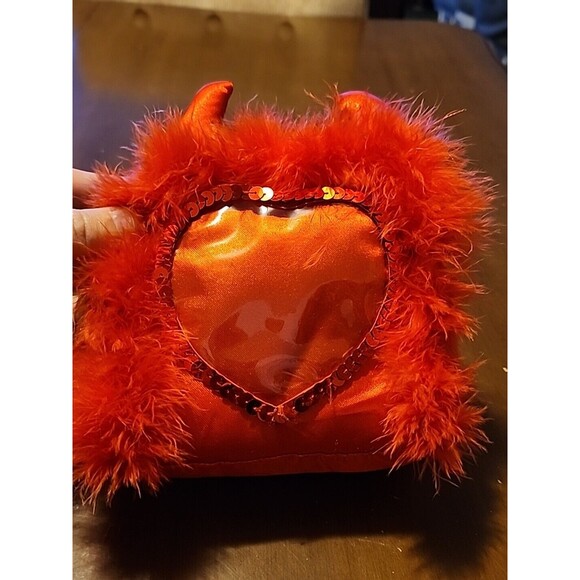 Rare Hairy Red Devil Pillow Photo Holder, Horns, Tails, Decor, Goth Punk Feather - Picture 6 of 8